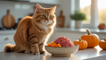 Gato saudável ao lado de uma tigela com Dieta Caseira para Gatos preparada com carne fresca e abóbora.