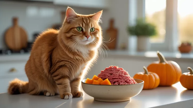 Gato saudável ao lado de uma tigela com Dieta Caseira para Gatos preparada com carne fresca e abóbora.