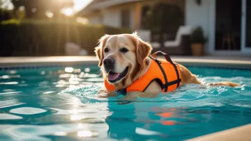 Golden Retriever obeso nadando com colete salva-vidas em piscina para hidroterapia canina e perda de peso.