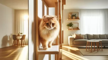 Gato andando entre prateleiras de parede em um apartamento gatificado com enriquecimento ambiental vertical.