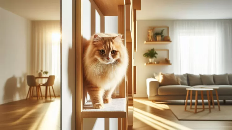 Gato andando entre prateleiras de parede em um apartamento gatificado com enriquecimento ambiental vertical.