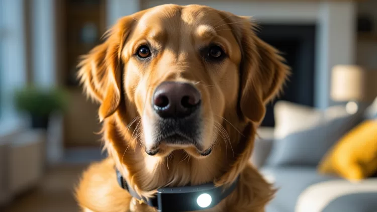 Cão Golden Retriever usando coleira inteligente com tecnologia de monitoramento pet em ambiente doméstico conectado.