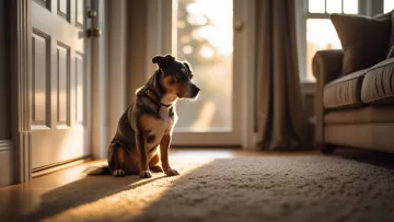 Cachorro triste olhando para a porta demonstrando sinais de ansiedade de separação canina ao ficar sozinho.