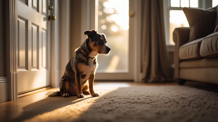 Cachorro triste olhando para a porta demonstrando sinais de ansiedade de separação canina ao ficar sozinho.