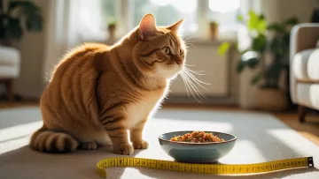 Gato obeso sentado ao lado de fita métrica e ração controlada, ilustrando o guia definitivo sobre obesidade felina.