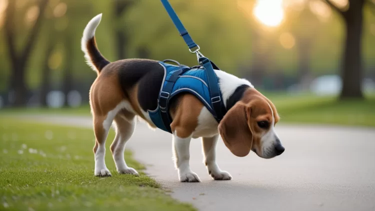Cão idoso fazendo caminhada leve na grama usando peitoral confortável para evitar impacto nas articulações.