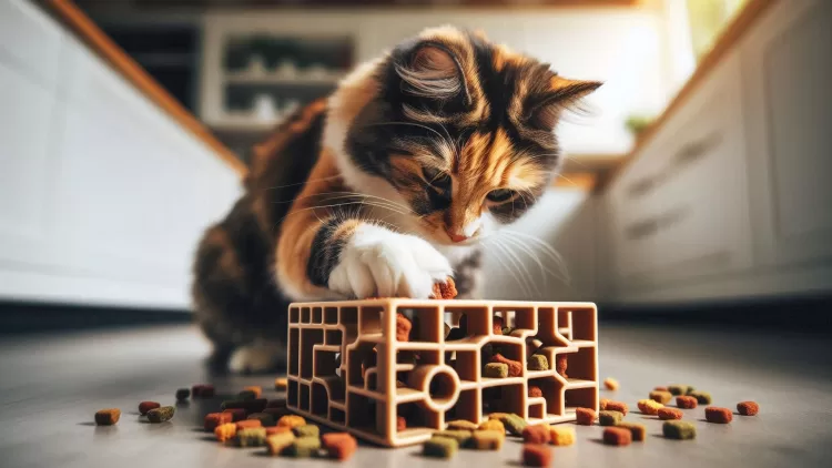 Gato usando comedouro lento puzzle feeder para estimulação mental na hora da refeição.
