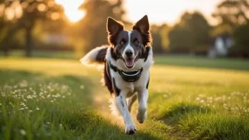 Border Collie correndo ao ar livre com coleira GPS ativada, demonstrando a funcionalidade de cerca virtual para segurança animal.