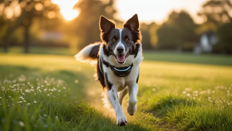 Border Collie correndo ao ar livre com coleira GPS ativada, demonstrando a funcionalidade de cerca virtual para segurança animal.