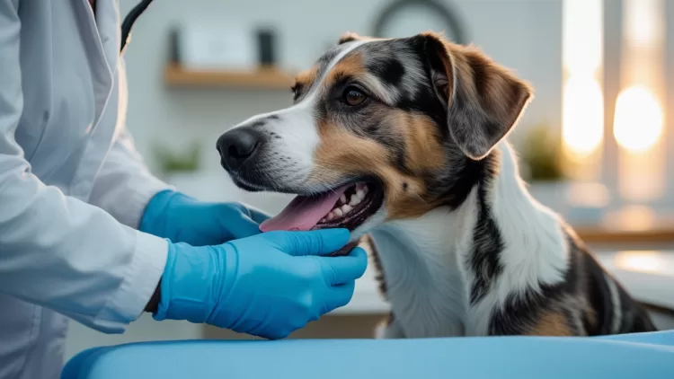 Veterinário examinando dentes de cachorro para identificar tártaro e gengivite durante consulta de rotina.