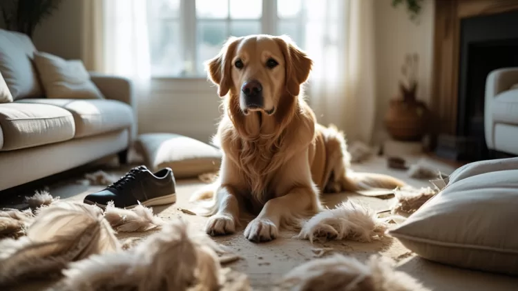 Golden Retriever com almofada destruída e bagunça na sala, exemplo de comportamento destrutivo por ansiedade em cães.