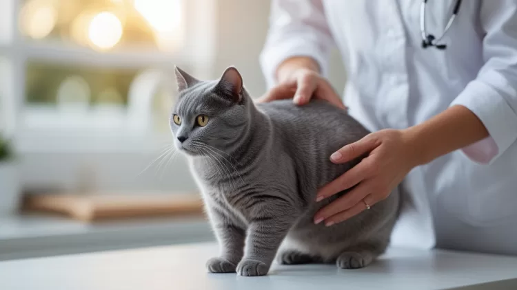 Veterinário realizando exame de escore de condição corporal palpando as costelas de um gato cinza para avaliar sobrepeso.