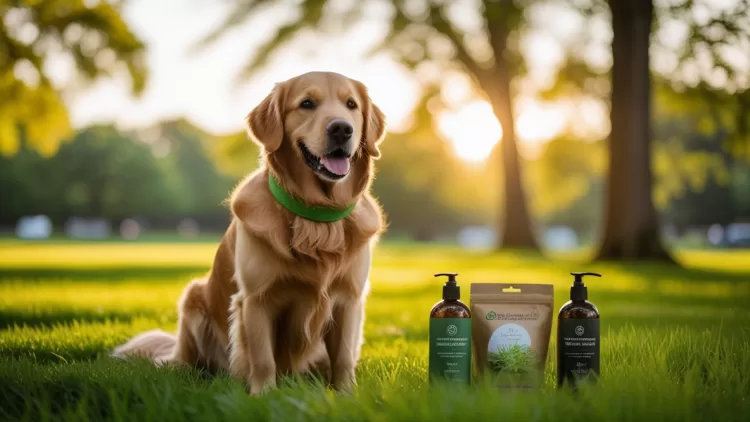 Golden Retriever sentado na grama usando coleira ecológica, representando a sustentabilidade pet e produtos naturais.