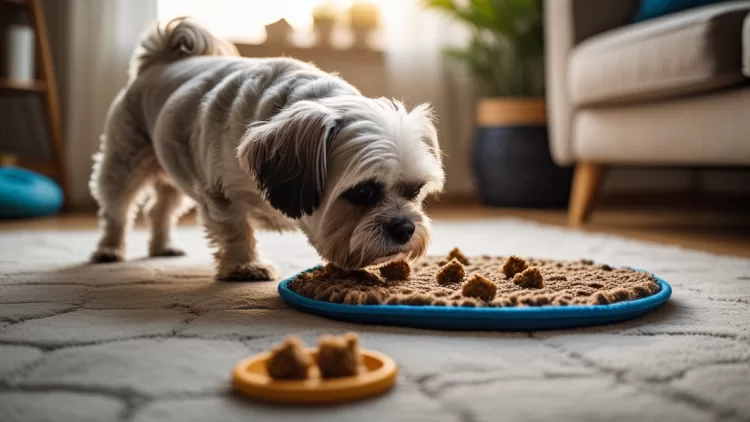 Cão utilizando tapete olfativo snuffle mat para exercício mental e queima de calorias em casa.