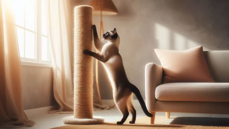Gato afiando as unhas em um arranhador de sisal vertical posicionado ao lado do sofá.