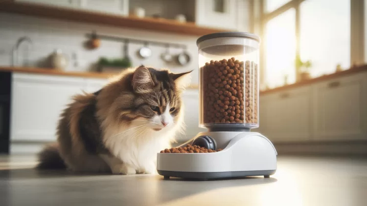 Gato se alimentando em um comedouro automático inteligente que controla porções de ração para evitar obesidade animal.