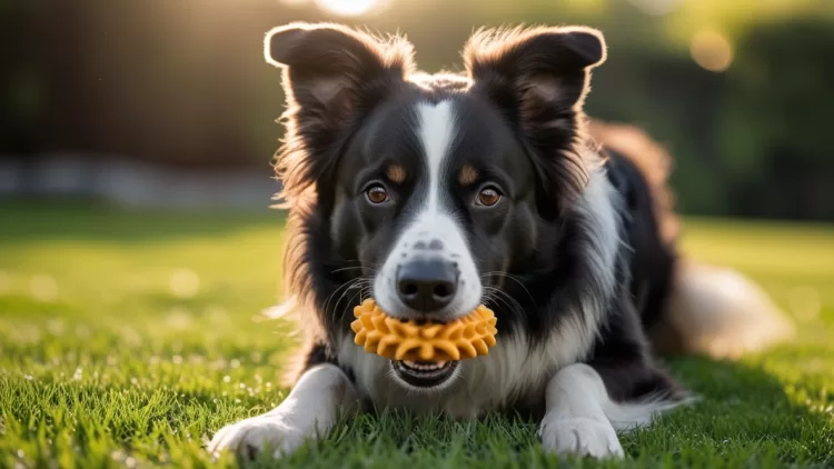 Cachorro roendo brinquedo mordedor funcional que ajuda na limpeza de tártaro e prevenção de placa bacteriana.