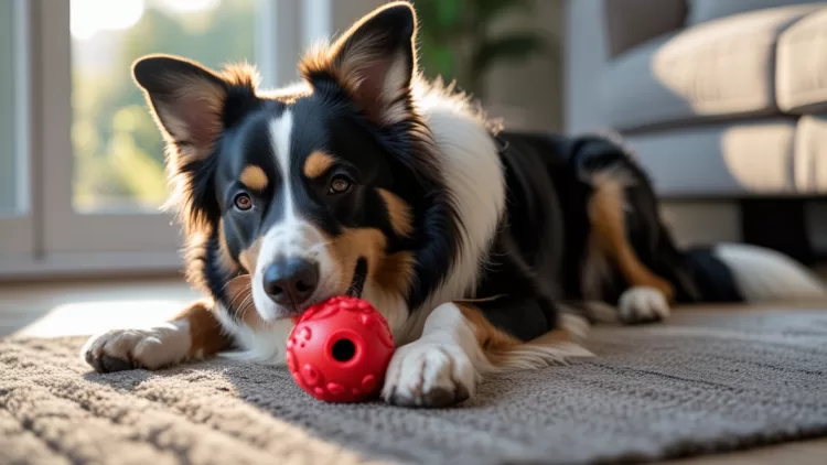Border Collie focado lambendo brinquedo recheável como forma de enriquecimento ambiental para tratar ansiedade canina.