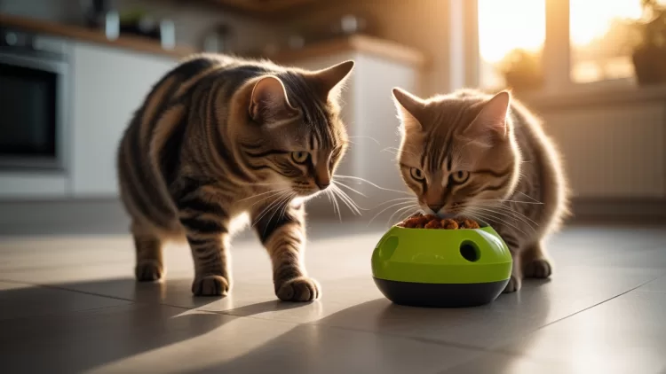 Gato utilizando comedouro lento interativo e puzzle de comida para estimular o gasto energético e comer devagar.