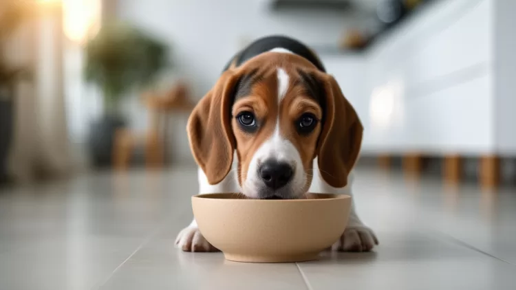 Beagle filhote se alimentando em um comedouro biodegradável de bambu antibacteriano.
