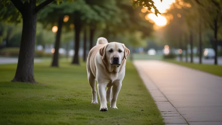 Cão obeso caminhando devagar em parque com grama macia, exercício de baixo impacto para cães com pouca mobilidade.