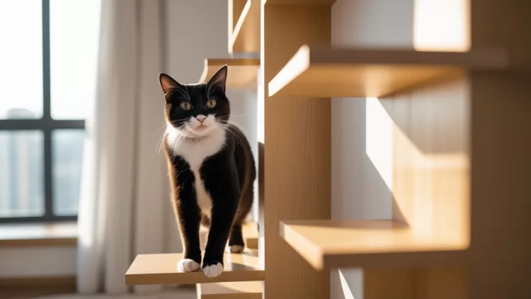 Gato andando entre prateleiras de parede em um apartamento gatificado com enriquecimento ambiental vertical.