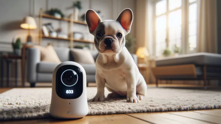 Filhote de Bulldog Francês interagindo com câmera pet wi-fi, auxiliando no controle da ansiedade de separação.