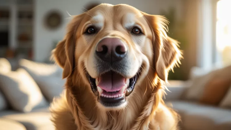 Cachorro Golden Retriever sorrindo com dentes brancos e saudáveis, ilustrando a importância da saúde bucal pet.