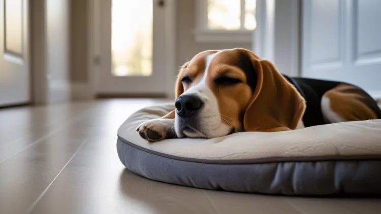 Beagle dormindo tranquilo e relaxado em sua cama demonstrando segurança e independência após treinamento.