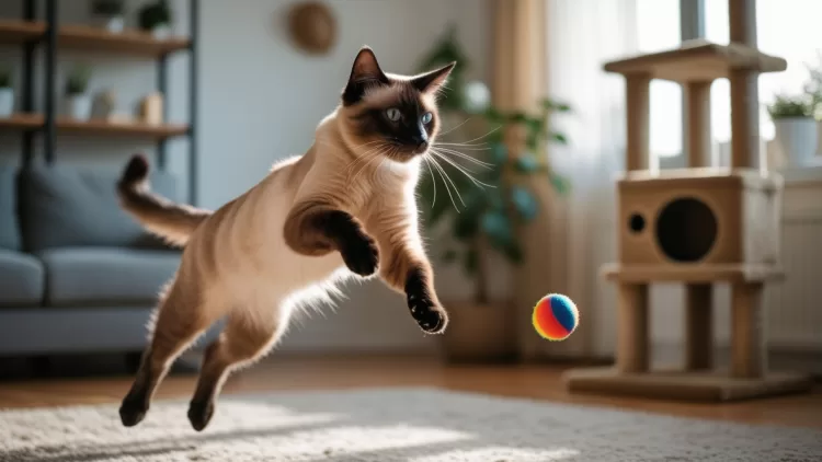 Gato brincando ativamente de pular para pegar varinha de penas, promovendo exercícios físicos para perda de peso.