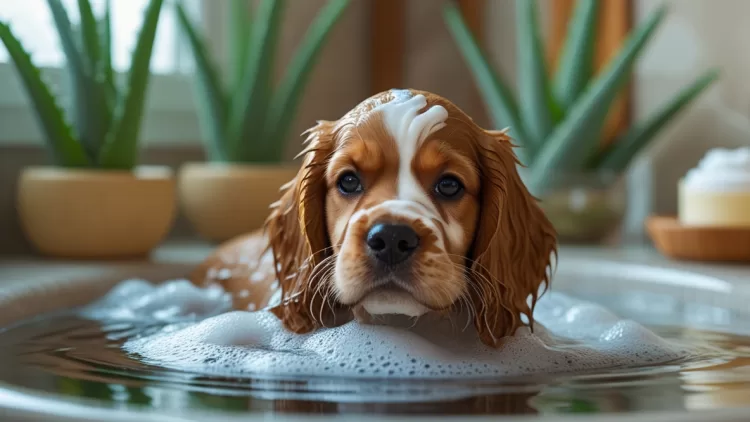 Filhote de Cocker Spaniel tomando banho com shampoo natural para cachorro com aloe vera e sem sulfatos.