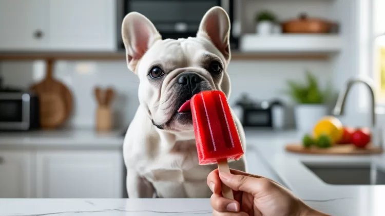 Bulldog Francês comendo picolé de fruta natural, uma opção segura para refrescar cães braquicefálicos no calor intenso.
