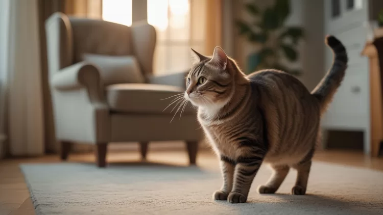 Gato idoso hesitando ao pular no sofá indicando sintomas de artrite em gatos e problemas de mobilidade.