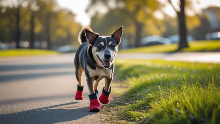Cachorro usando sapatinhos protetores passeando na grama, evitando queimaduras nas patas causadas pelo asfalto quente.