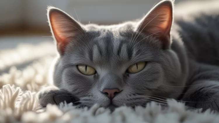 Rosto de gato com olhos semicerrados e orelhas baixas ilustrando a escala de careta felina e apatia.