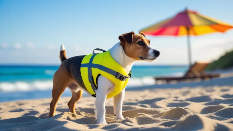 Cachorro na praia usando colete salva-vidas e protegido por guarda-sol, itens essenciais para segurança de pets no mar.