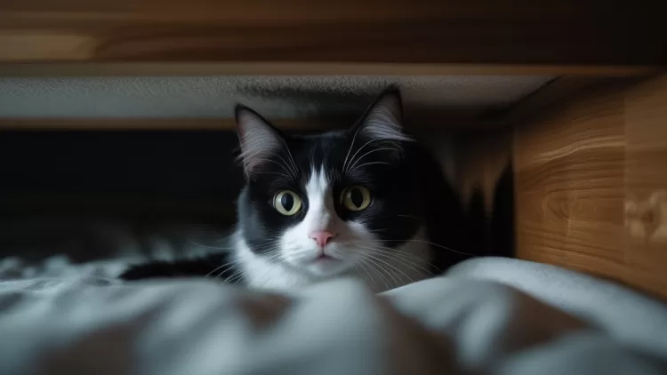 Gato escondido embaixo da cama mostrando mudança de comportamento felino e isolamento devido à dor.